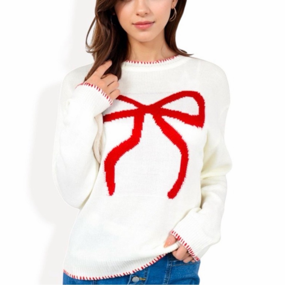 NWT Women's White Sweater with Red Bow Design Large